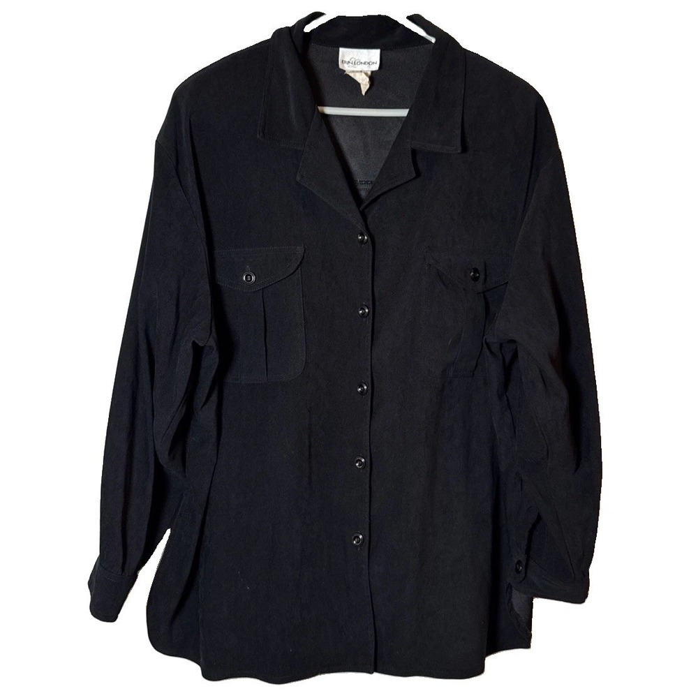VTG 90s Erin London Womens XL Black Button Up Blouse Shirt Pockets Guatemala